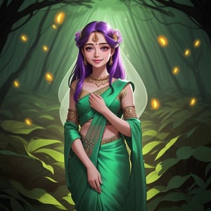 In a breathtaking and enchanting magical forest, a charming young girl stands amidst the lush, ancient trees. She is a vision of innocence and beauty, radiating joy and wonder.

Attire: She is dressed in a vibrant and elegant saree, the fabric flowing gracefully as if woven by the forest itself. The saree's colors blend harmoniously with the natural surroundings, featuring shades of deep green, earthy browns, and hints of ethereal blues and purples.

Expression: With a heartwarming smile gracing her lips, her eyes are filled with pure delight as she takes in the mystical wonders of the forest. Her smile reflects the joy of discovering the enchantment that surrounds her.

Surroundings: The magical forest is alive with vibrant flora and fauna. Glowing fireflies dance around her, and luminescent mushrooms emit a soft, otherworldly light, casting a gentle, enchanting glow on her and the forest floor.

Hair: Her long, flowing hair is adorned with delicate, iridescent flowers, their petals shimmering in the ambient light. A gentle breeze ruffles her hair, giving her an ethereal and dreamlike aura.

Aura: There's an aura of innocence and wonder about her, as if she is a part of the forest's enchantment, connected to its mysteries in a profound way.