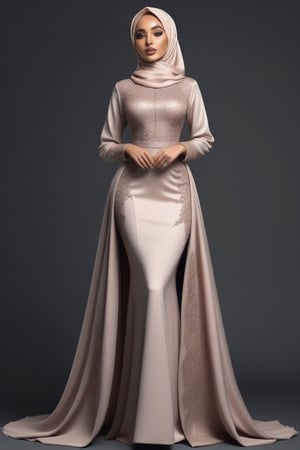 From traditional to modern, from elegant to edgy, explore the endless possibilities of hijab fashion with our AI platform, bringing your ideas to life with stunning and stylistic renderings. she is very sexy and hot her dress is silk and she is standing 
