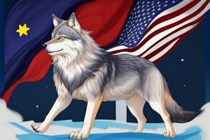 Design a stylized version of the American flag in the shape of a wolf, with the stars embedded in its fur and the stripes flowing along its body. Use bold colors to enhance the overall composition.
