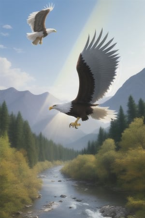 CREATE A PRTRAIT OF AN AMERICAN EAGLE MAJESTICALLY FLYING IN THE SKY OVER A RIVER WHICH WIDS INTO GLORIUOUS MOUNTAINS WITH THE SUN RAYS COMING THREW TREES