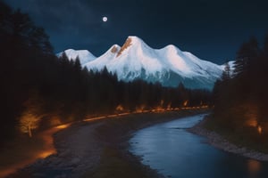 Draw a realistic mountain chain with a river flowing thru it on a full moonlit night
