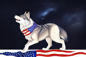 Design a stylized version of the American flag in the shape of a wolf, with the stars embedded in its fur and the stripes flowing along its body. Use bold colors to enhance the overall composition.
