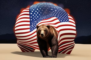 
Draw an American flag where a bear is depicted walking across a background of stars and stripes. Incorporate intricate patterns and textures to bring the artwork to life.
