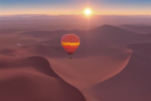 create sharp clearly seen Hot air ballons taking off from the dessert with the sun rising over a mountain backdrop