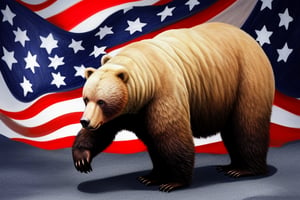 
Draw an American flag where a bear is depicted walking across a background of stars and stripes. Incorporate intricate patterns and textures to bring the artwork to life.
