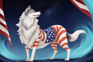 Design a stylized version of the American flag in the shape of a wolf, with the stars embedded in its fur and the stripes flowing along its body. Use bold colors to enhance the overall composition.
