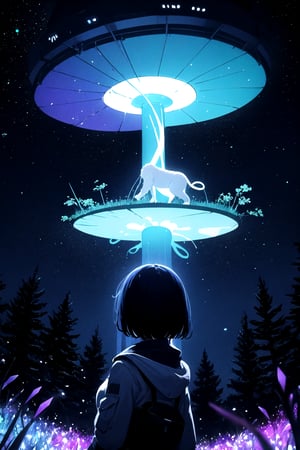 centered, upper body, award winning upper body portrait | a woman standing in front of a Giant cute Fluffy creature looking at her curious, | fantasy colors, sky full of stars, night, spaceship parking on a forest, neon lights, | alien planet, alien world, trippy colors, | bokeh, depht of field,