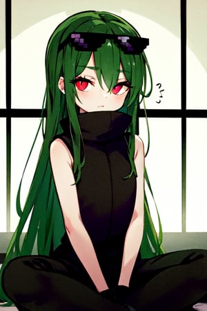 red eyes green hair wearing a long black enderman Beautiful girl with long hair black shiny eyes She is radiant in the morning in the direction of the image sitting, cute eyes, big eyes,Enderman-chan,incrsdealwithit,wear sunglasses