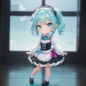 (masterpiece), full body, petite, (chibi), 1girl, solo, aqua hair color, medium hair, multicolored hair, blue eyes, depth of field,  (aqua shirt:1.2), black skirt, lace, frills, lace rims, frilled sleeves, frilled skirt, jirai, jiraikei, lolita fashion, 
city ​​background, night, indoor, sci-fi, dress