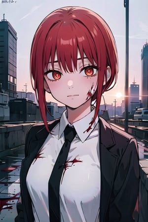 (masterpiece), best quality, high resolution, highly detailed, detailed background, perfect lighting, 1girl, bangs, medium breasts, blouse, red hair, ,csm anime style, red eyes, blood, blood in face, city, | wear black tie |,makima \(chainsaw man\)