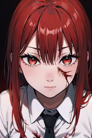 (masterpiece), best quality, high resolution, highly detailed, detailed background, perfect lighting, 1girl, bangs, medium breasts, blouse, red hair, ,csm anime style, red eyes, blood, blood in face, city, | wear black tie |,makima \(chainsaw man\)