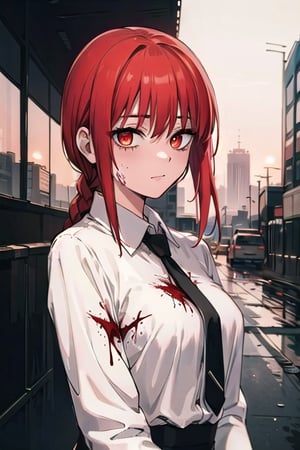 (masterpiece), best quality, high resolution, highly detailed, detailed background, perfect lighting, 1girl, bangs, medium breasts, blouse, red hair, ,csm anime style, red eyes, blood, blood in face, city, | wear black tie |,makima \(chainsaw man\)