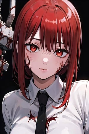 (masterpiece), best quality, high resolution, highly detailed, detailed background, perfect lighting, 1girl, bangs, medium breasts, blouse, red hair, ,csm anime style, red eyes, blood, blood in face, city, | wear black tie |,makima \(chainsaw man\)