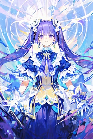 wear the izayoi costume,purple hair,purple eyes,beutiful,tall girl,not tied,purple Eyes,there is a hint of  purple under his hair,no_humans,izayoi miku,scenery