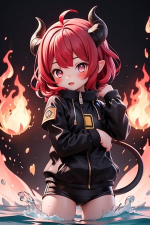 chibi cute(1 girl))(1nd girl) (red Hair) (very short Hair) ( fire Eyes) (Wearing black jacket) (Background fire ) (DX12 Graphic) red hair | 1girl | fire eyes | wear underwear,face photo, background water,long hair,
long pants,Devil ears