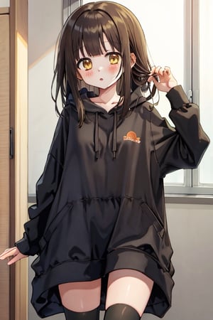 wear the nanase kurumi costume,brown hair,yellow eyes,beutiful,tall girl,not tied,yellow Eyes,there is a hint of  black under his hair,nanase kurumi,blush,Menherachan