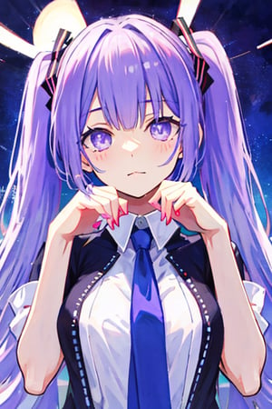 wear the izayoi costume,purple hair,purple eyes,beutiful,tall girl,not tied,purple Eyes,there is a hint of  purple under his hair,no_humans,izayoi miku