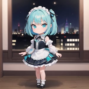 (masterpiece), full body, petite, (chibi), 1girl, solo, aqua hair color, medium hair, multicolored hair, blue eyes, depth of field,  (aqua shirt:1.2), black skirt, lace, frills, lace rims, frilled sleeves, frilled skirt, jirai, jiraikei, lolita fashion, 
city ​​background, night, indoor, sci-fi, dress