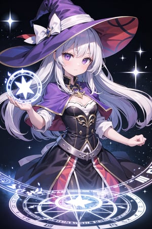 (masterpiece), 1girl, witch, magic circle, light particles,silver hair,purple_eyes