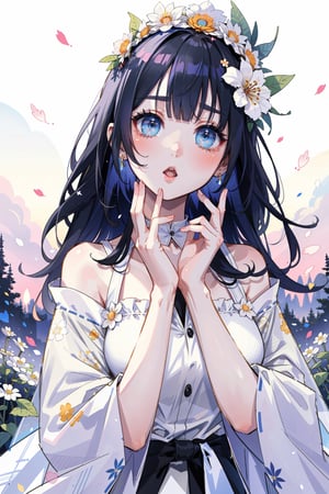 (masterpiece, best quality, highres:1.3), ultra resolution image, (1girl), (solo), kawaii, black hair, mystery, petals on cheeks, dreamlike, soft, pastel, (reality and fantasy:1.4), vivid color, serenity, twilight, garden, fireflies, innocent, graceful, scenery, blooming poppy, tears, peaceful, (white flower crown:1.3),
closed clothes,black knit shirt,open mouth, (:o)