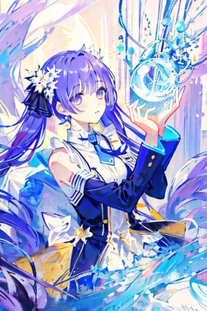 wear the izayoi costume,purple hair,purple eyes,beutiful,tall girl,not tied,purple Eyes,there is a hint of  purple under his hair,no_humans,izayoi miku,scenery