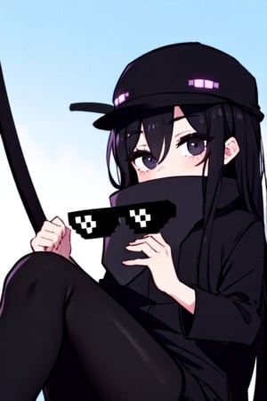 black eyes black hair wearing a long black enderman Beautiful girl with long hair black shiny eyes She is radiant in the morning in the direction of the image sitting, cute eyes, big eyes,Enderman-chan,incrsdealwithit,wear sunglasses
