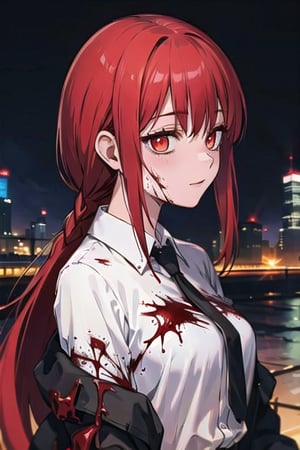 (masterpiece), best quality, high resolution, highly detailed, detailed background, perfect lighting, 1girl, bangs, medium breasts, blouse, red hair, ,csm anime style, red eyes, blood, blood in face, city, | wear black tie |,makima \(chainsaw man\)