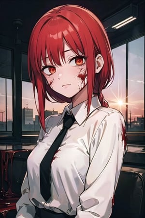 (masterpiece), best quality, high resolution, highly detailed, detailed background, perfect lighting, 1girl, bangs, medium breasts, blouse, red hair, ,csm anime style, red eyes, blood, blood in face, city, | wear black tie |,makima \(chainsaw man\)