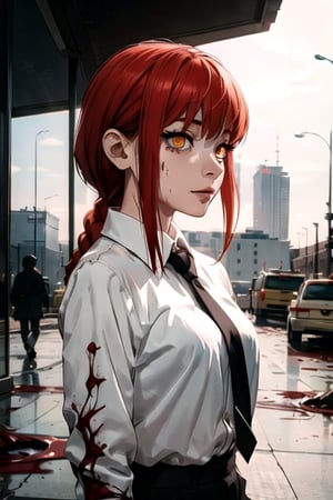 (masterpiece), best quality, high resolution, highly detailed, detailed background, perfect lighting, 1girl, bangs, medium breasts, blouse, red hair, ,csm anime style, red eyes, blood, blood in face, city, | wear black tie |,makima \(chainsaw man\),makima\(chainsaw man\),makimacsm