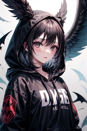 1girl, solo,black eyes,devil ears black,black wings,hoodie,black hair