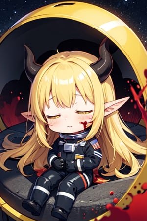 goodtime, 1 girl, Among us, black astronaut suit, yellow hair, yellow eyes, helmet, transparent helmet,
body bleeding, closed eyes, elf ears, black horns, chibi,
Sleep, lots of blood, in Polus,sleepy