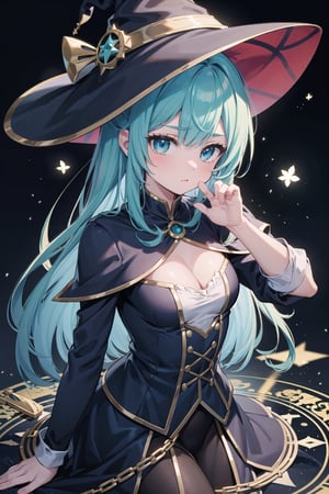 (masterpiece), 1girl, witch, magic circle, light particles,aqua hair,blue_eyes