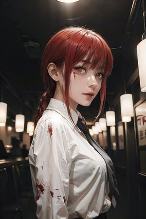 (masterpiece), best quality, high resolution, highly detailed, detailed background, perfect lighting, 1girl, bangs, medium breasts, blouse, red hair, ,csm anime style, red eyes, blood, blood in face, city, | wear black tie |,makima \(chainsaw man\),makima\(chainsaw man\),makimacsm