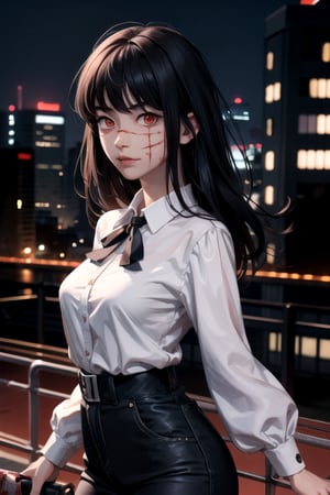 (masterpiece), best quality, high resolution, highly detailed, detailed background, perfect lighting, 1girl, bangs, medium breasts, blouse, black hair, ,csm anime style, red eyes, blood, blood in face, city, yoru \(chainsaw man\)