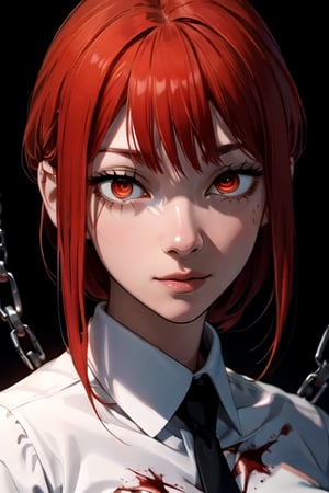 (masterpiece), best quality, high resolution, highly detailed, detailed background, perfect lighting, 1girl, bangs, medium breasts, blouse, red hair, ,csm anime style, red eyes, blood, blood in face, city, | wear black tie |,makima \(chainsaw man\),makima\(chainsaw man\),makimacsm