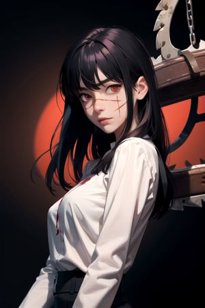 (masterpiece), best quality, high resolution, highly detailed, detailed background, perfect lighting, 1girl, bangs, medium breasts, blouse, black hair, ,csm anime style, red eyes, blood, blood in face, city, yoru \(chainsaw man\)