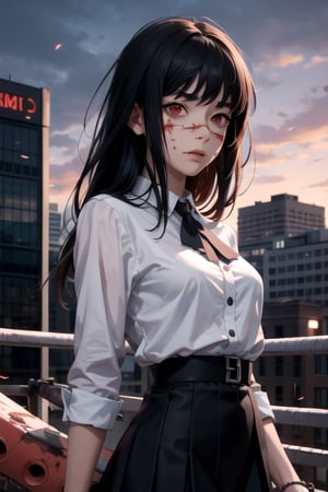 (masterpiece), best quality, high resolution, highly detailed, detailed background, perfect lighting, 1girl, bangs, medium breasts, blouse, black hair, ,csm anime style, red eyes, blood, blood in face, city, yoru \(chainsaw man\)