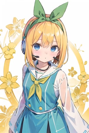 wear the yotsuba nakano costume,yellow hair,blue eyes,beutiful,tall girl,not tied,blue Eyes,there is a hint of  yellow under his hair,nakanodef,no_humans,miku nakano | 
wear a headset around your neck ,mikudef,yotsuba nakano,yotsuba nakano