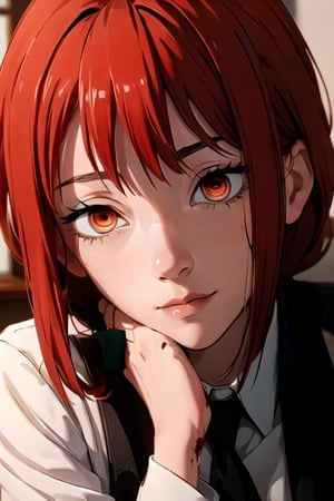 (masterpiece), best quality, high resolution, highly detailed, detailed background, perfect lighting, 1girl, bangs, medium breasts, blouse, red hair, ,csm anime style, red eyes, blood, blood in face, city, | wear black tie |,makima \(chainsaw man\),makima\(chainsaw man\),makimacsm