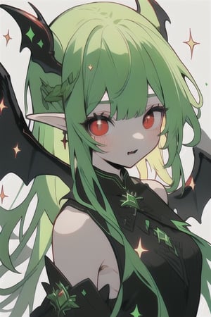 1girl, solo,red eyes,black wings,black drees ,green hair,long_hair ,elf ears, devil tail,1 girl,finger frame,backgroun cool, light background,sparkling face,solo,niji