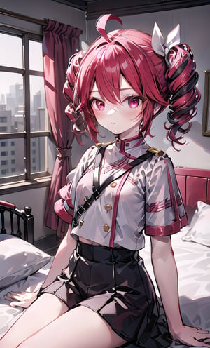 (masterpiece), high resolution, highly detailed, detailed background, 1girl, red hair color, multicolored hair, sidelocks, short low pigtails, cowlick, red eyes, white shirt, t-shirt, short sleeves, black shorts ,BREAK, lace, frills, lace rims, bedroom, bed, looking afar, 
tied two short,teto