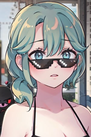 blue eyes aqua hair wearing a long black enderman Beautiful girl with long hair black shiny eyes She is radiant in the morning in the direction of the image cute eyes, big eyes,incrsdealwithit,wear sunglasses,Alex-Bubble