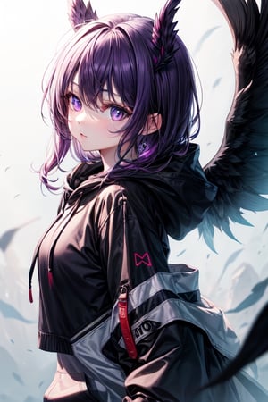 1girl, solo,purple eyes,black wings,hoodie,purple hair,long_hair 