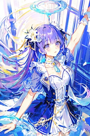 wear the izayoi costume,purple hair,purple eyes,beutiful,tall girl,not tied,purple Eyes,there is a hint of  purple under his hair,no_humans,izayoi miku,scenery