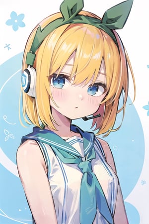 wear the yotsuba nakano costume,yellow hair,blue eyes,beutiful,tall girl,not tied,blue Eyes,there is a hint of  yellow under his hair,nakanodef,no_humans,miku nakano | 
wear a headset around your neck ,mikudef,yotsuba nakano,yotsuba nakano
