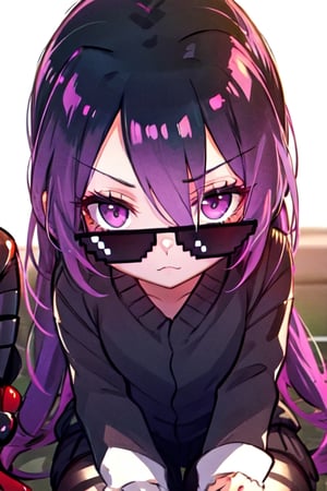 purple eyes purple hair wearing a long black enderman Beautiful girl with long hair black shiny eyes She is radiant in the morning in the direction of the image sitting, cute eyes, big eyes,incrsdealwithit,wear sunglasses,Spider-chan