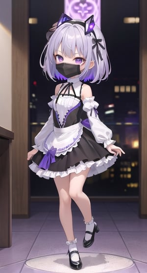 (masterpiece), full body, petite, (chibi), 1girl, solo, silver hair color, medium hair, multicolored hair, purple eyes, | (black mouth mask:1.2), depth of field, mecha headgear, (violet shirt:1.2), black skirt, lace, frills, lace rims, frilled sleeves, frilled skirt, jirai, jiraikei, lolita fashion, 
city ​​background, night, indoor, sci-fi, dress