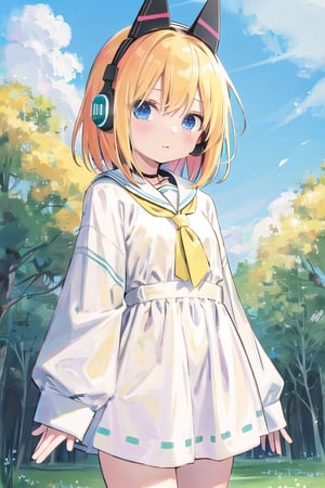 wear the yotsuba nakano costume,yellow hair,blue eyes,beutiful,tall girl,not tied,blue Eyes,there is a hint of  yellow under his hair,nakanodef,no_humans,miku nakano | 
wear a headset around your neck ,mikudef,yotsuba nakano,yotsuba nakano