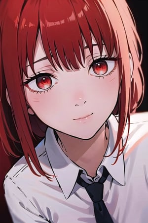 (masterpiece), best quality, high resolution, highly detailed, detailed background, perfect lighting, 1girl, bangs, medium breasts, blouse, red hair, ,csm anime style, red eyes, blood, blood in face, city, | wear black tie |,makima \(chainsaw man\)