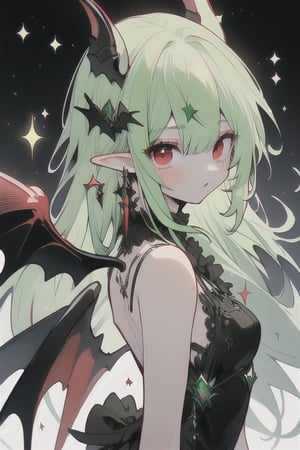 1girl, solo,red eyes,black wings,black drees ,green hair,long_hair ,elf ears, devil tail,1 girl,backgroun cool, light background,sparkling face,solo,niji